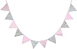 Oblique-Unique® Bunte Wimpel Girlande Baumwolle Wimpelkette Doppelseitig Farbenfroh Drinnen & Draußen - Motiv wählbar (Rosa-Grau)