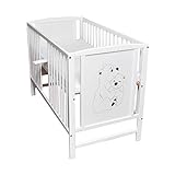 Dedstore-Baby Babybett mit Matratze 120x60 cm Höhenverstellbar - Komplett Set - Beistellbett Weiß mit Motiv Bär - Baby Bett - Kinderbett - Baby Bed