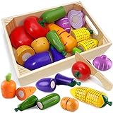 Airlab Küchenspielzeug für Kinder aus Holz, Kinderküche Zubehör, Schneiden Obst Gemüse Lebensmittel Holz mit Klett-Verbindung, Küche Spielzeug Lernspielzeug Geschenk für Kinder