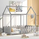 Stilvolles Einzelbett 80 x 160 cm mit Rausfallschutz Hausbett Holz Kinderbett, Grau