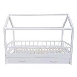 Puckdaddy Hausbett Carlotta – 200x90 cm, Kinder-Bett aus Holz in Weiß mit Bettrahmen im Haus-Design, Abnehmbarer Rausfallschutz, Unterbett und Lattenrost, hochwertiges Kinderzimmer & Jugendbett