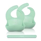 2er Set Babylätzchen mit Haltegurt 30x22cm - BPA-frei weiches Lätzchen Silikon mit Auffangschale - Kleckerfrei Essen mit Lätzchen Wasserdicht - einfache Reinigung, spülmaschinenfest YAMBINO® (Türkis)