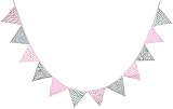Oblique Unique® Bunte Wimpel Girlande Baumwolle Wimpelkette Doppelseitig Farbenfroh Drinnen & Draußen - Motiv wählbar (Rosa-Grau)
