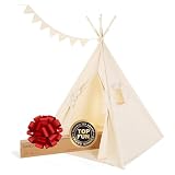 Kinder Tipi Zelt Segeltuch: Faltbares Indoor & Outdoor Zelt von Canicove Baumwolle|Naturfarben mit Massivholzpfosten & Flaggen für Jungen & Mädchen |Maschinenwaschbar (Nicht-gerade Weiss)