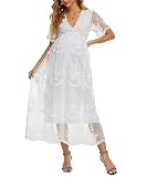 Supersun Damen Casual Boho V-Ausschnitt Spitze Umstandskleid Brautkleid für Fotografie Maxi Kleid