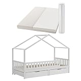 Juskys Kinderbett Yuki 90x200 cm - Komplett Set mit Matratze, Rausfallschutz, Bettkasten & Lattenrost — Holz Bett für Kinder — Hausbett Jungen & Mädchen