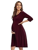 KOJOOIN Damen Umstandskleid Baumwolle 3/4 Ärmel Stillkleid Casual Schwangerschafts Kleider für Schwangere Weinrot(3/4 Ärmel) M