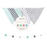 lilime® Wimpelkette Inkl. GRATIS Girlande ideal für Dekoration im Kinderzimmer - Unsere Wanddeko für dein Kind - Super süße Deko für jedes Babyzimmer (1.9M/Grau-Weiß-Mint)