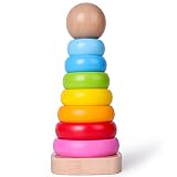 Rolimate Stapelturm Holz, Ringpyramide Farbenfroh mit 7-teilig Holzknopf Stapelspiel Sortier Stapel Steckspielzeug Montessori Sortier Stapel Steckspielzeug Bestes Geburtstagsgeschenk für 123+ Jahre