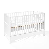 ATB MEBLE Babybett mit Matratze und Matratzenschoner - Beistellbett Baby aus Holz - Bett Baby Mitwachsend - Kinderbett umbaubar - vier Ebenen der Matratzenhöhe - Gitterbett für Babyzimmer -140x70 Weiß