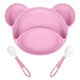 Vicloon Baby Teller, Baby Tischset rutschfest Silikon mit Saugnäpfen und Biegsamen Löffel+Gabel, BPA-Freie, Kann in der Spülmaschine und Mikrowellem, Kinderteller für Kleinkinder und Kinder-Rosa Bär