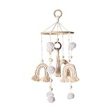 SWECOMZE Regenbogen Mobile Baby Holz mit PomPom Kinderzimmer Mädchen Bettglocke Windspiel Hängende für Babybett Kinderbett (Beige)