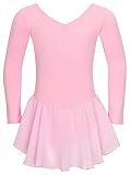 tanzmuster ® Ballettkleid Mädchen Langarm - Anna - aus weichem Baumwollstoff mit Glitzersteinen und Chiffon Röckchen fürs Kinder Ballett Ballettbodyin rosa, Größe:104/110