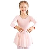 Bezioner Kinder Ballettkleidung Mädchen Ballettkleid Langarm Balletttrikot Ballettanzug Tanzkleid Tanzbody aus Baumwolle mit Chiffon Rock Tütü Rosa 110