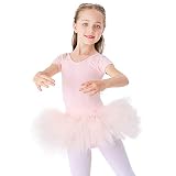 Bezioner Kinder Ballettkleidung Tütü Ballettkleid Mädchen Baumwolle Balletttrikot Kurzarm Ballettanzug Tanzbody mit Rock Rosa 120