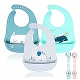 YINGJEE 3 Stück Baby Lätzchen Wasserdichte Silikonlätzchen Lätzchen Babylätzche Halstücher BPA frei Silikonlätzchen mit Auffangschale für Jungen Mädchen