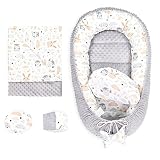 Babynestchen Set Neugeborene 90x50 cm Minky - Kuschelnest Baby Nestchen 5-teilig Kokon Eule Hellgrau