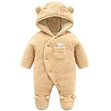 Vine Baby Mädchen Schneeanzüge Winter Fleece Overall mit Kapuze Strampler Footed Jumpsuit, Braun 0-3 Monate