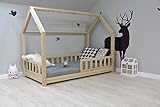 Best For Kids Kinderbett Hausbett Kinderhaus mit Rausfallschutz Jugendbett mit 10 cm Matratze Natur Haus Holz Bett (90x200 cm mit Matratze)