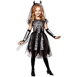 Widmann - Kinderkostüm Skelett-Braut, Kleid, fingerlose Handschuhe, Brautschleier mit Hörnern, Motto-Party, Karneval, Halloween