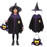 ASSUGO Halloween Umhang Kinder, halloween kostüm kinder mädchen mit halloween tüten, Lila-Schwarz Hexenkostüm Mädchen mit Hexenhut für Fasching Karneval Party 3-10 Jahre 100-140cm