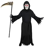Geplaimir Grim Reaper Kostüm Kinder +LED Halloween Maske +Grim Reaper Sense Deluxe Halloween Kostüme Set für Jungen Kinderkostüm Dämon Schwarz Ghost Robe G035L
