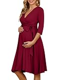 KOJOOIN Damen Umstandskleid Schwangerschafts Kleid für Schwangere Stillkleid V-Ausschnitt Langarm mit Taillengürtel（Verpackung MEHRWEG） Weinrot M