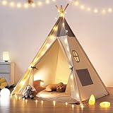 Tipi Zelt für Kinder, besrey Tippi Kinderzelt,Kinderzelt Spielzelt Tipizelt Indoor aus Baumwolle +Lichtkette + graue Matte Kuschelecke Spielhaus