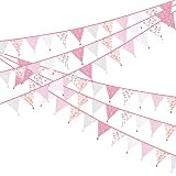 Laipuke Wimpelkette Rosa 3,3m Wimpelkette Stoff Blumen Wimpel Stoffgirlande, Beidseitig Wimpel Girlande mit Quasten mit 12Pcs Wimpeln für Kinderzimmer, Hochzeits, Geburtstag, Party (Rosa)