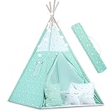 Ricokids Tipi Zelt für Kinder Indianer Spiel-Zelt Baumwolle Kinderzelt mit 3 Kissen Girlande Matratze | Spielzeug Tipi-Set Spielhaus Innen- und Außenbereich mit Zubehör, XL