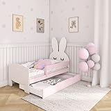 (70x180 cm, Rosa) NeedSleep Hase Rausfallschutz Kinderbett Komplett - Bett mit Lattenrost Schublade Matratze 70x140 70x160 |Kinder ab 2 Jahren | Mädchen Junge| Montessori Kinderzimmer Funktionsbett