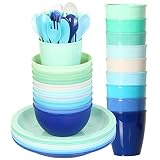 Youngever 54 Teiliges Kunststoff Kindergeschirr Set, Mehrweg kleinkind geschirr set, Dinnerset in 9 Farben (Coastal)
