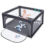 COSTWAY 120 x 120cm Baby Laufstall mit 50 Spielbällen, Laufgitter mit atmungsaktivem Netz und Reißverschluss, Krabbelgitter mit Tür, Laufgitterzelt für Säuglinge und Kleinkinder (Dunkelgrau)
