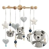 Minime Baby Mobile für Babybett Wickeltisch, Windspiel, Hängende Bettglocke, Babyzimmer, Teddy, Schildkröte, Bio-Baumwolle, Gehäkelt, Holz - Babyausstattung für Mädchen und Jungen (Blau)