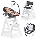 hauck Alpha Plus Newborn Set Deluxe - Baby Holz Hochstuhl ab Geburt mit Liegefunktion - inkl. Aufsatz für Neugeborene & Sitzpolster - mitwachsend, verstellbar - Weiß Grau