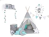 Rainbow Kids Tipi Zelt mit Decke Kissen Fenster Spielzeugkorb Spielzelt Kinderzelt Baumwolle Indianerzelt für Kinder drinnen draußen (mit Elementen, Wolf Stern Grau)