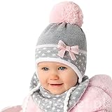 For you Baby Winter Mütze Mädchen Babymütze Set Größe 44/46 Grau/Rosa/Weiß 6 bis 18 Monate alt mit Glitzer-Faden am Boppel (Grau/Rosa/Weiß)