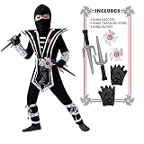 Spooktacular Creations Silber Ninja Kostüm Set mit Ninja Schaum Dolchen und Wurfsternen Zubehör, für Kinder Jungen Halloween Dress Up Party Karneval (Small)