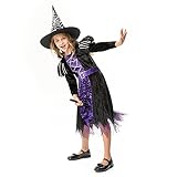 ThinkMax Halloween Hexe Kostüm Kind, Karneval Fasching Bekleidung, schwarzem Hexenhut Mädchen Cosplay Set für Mädchen für Halloween Kostümparty Rollenspiele…