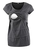 Love2Mi Frauen Umstandsmode Layered Unregelmäßige Pflege Shirt Stillshirt Kurzarm zum Stillen, Dunkelgrau, M