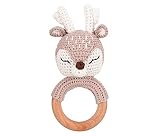 Bunnywelt Babyrassel für Mädchen und Jungen ab 0 Monaten - handgemachte Häkelrassel für Babys, zum Zahnen des Babys, Greifring gehäkelt | Geschenk zur Geburt, Taufe, Babyparty (Rassel REH neutral)