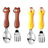 Tomedeks Kinder 2 Sets Edelstahl Besteck Set, Baby Besteck Kinderbesteck Gabel Und Löffel Set,mit Cartoon Tiere Mit Box (bear&chicken)