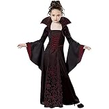 DXDUI Halloween Kostüm Für Kinder Mädchen Hexe Vampir Cosplay Lange Ausgestellte Ärmel Mittelalterliches Vintage Kleid Kinder Tag Der Toten Kleidung Karneval Party,Rot,150cm