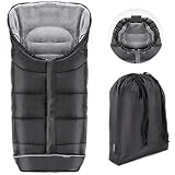 Zamboo Winter-Fußsack für Kinderwagen, Sportwagen & Buggy mit Anti-Rutschschutz, weicher Deluxe-Thermo-Fleece, Mumien-Kapuze, Reflektorstreifen & Tasche - Schwarz Grau