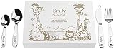 LAUBLUST Kinderbesteck mit Gravur - inkl. Personalisierte Geschenkbox aus Holz - Dschungel Motiv | Esslernbesteck Edelstahl, 4-teilig - Geschenk mit Namen für Kinder - Erinnerung an Baby & Kinderzeit