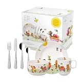 Villeroy & Boch - Hungry As A Bear Set Mit Kinderbesteck Und Kindergeschirr 7 Teilig, Spülmaschinenfest, Mikrowellensicher, Kinderteller, Kindertasse, Besteckset Kinder, Premium Porzellan/Edelstahl