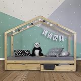 Homestyle4u 1921, Kinder Hausbett 90x200 mit Bettkasten Kinderbett mit Lattenrost Natur Holz Kiefer