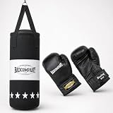Bad Company Boxset für Kinder und Jugendliche bis 12 Jahre, schwarz – gefüllter Boxsack 55 x 25 cm und Boxhandschuhe für Kinder mit 8 oz – hängender Boxsack-Set