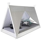 Homestyle4u 1847, Kinderbett Tipi Zelt 90x200, Weiß Grau, Zelt Mit Sterne, Holz Kiefer
