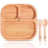 BABYLOVIT Kinderteller aus Bambus | TÜV Geprüfter Baby Teller rutschfest mit Saugnapf & Esslernbesteck |Kinder-Geschirr-Set | Bamboo Plate | Nachhaltig